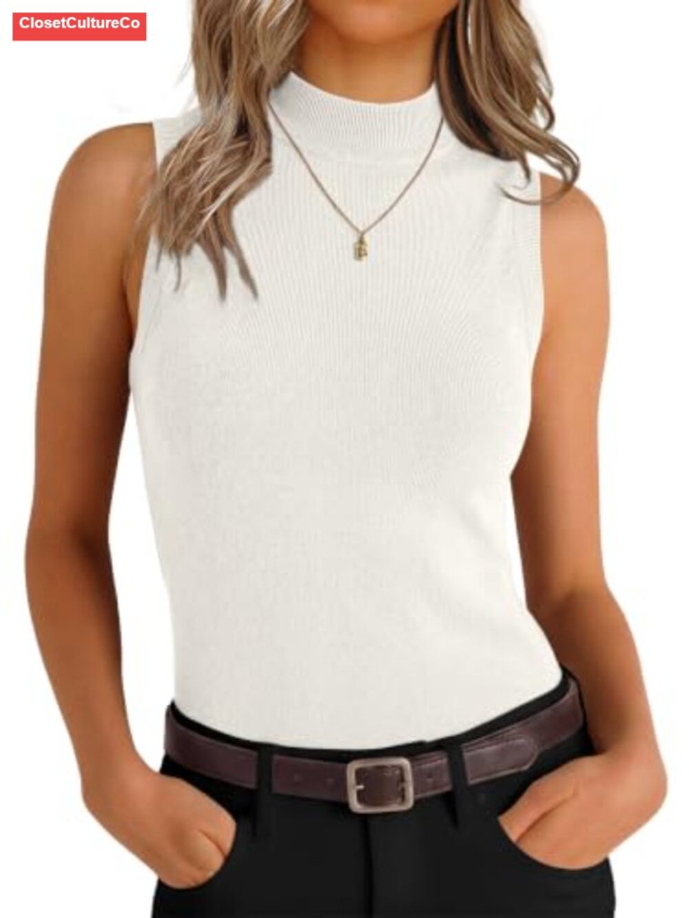 Wool Blend Mock Neck Sweater Tank Sleeveless Fitted Top